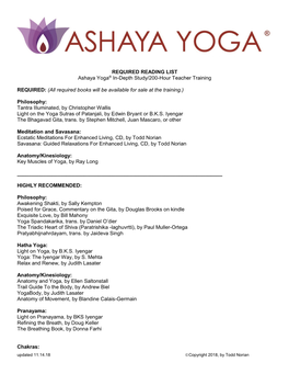 READING LIST Ashaya Yoga® In-Depth Study/200-Hour Teacher Training