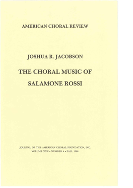 The Choral Music of Salamone Rossi Hebreo