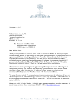 November 14, 2017 William Green, M.A., R.P.A. Principal Investigator Terracon Consultants, Inc. 521 Clemson Rd Columbia, SC 2922