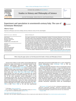 Experiment and Speculation in Seventeenth-Century Italy: the Case of Geminiano Montanari