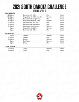 2021 SOUTH DAKOTA CHALLENGE FRIDAY, APRIL 9 MULTI EVENTS 12:30 P.M