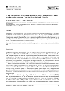 Zootaxa,A New and Distinctive Species of the Hermit Crab Genus