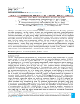 AGRIBUSINESS INVESTMENT OPPORTUNITIES in DODOMA REGION, TANZANIA Lilian Simon Mlay1, Jeremiah Wilhelm Tumaini2, Robert Galan Mashenene3, Petro Maziku4 1