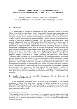 Simplest Merge Generates Set Intersection: Implications for Complementizer ‘Trace’ Explanation*