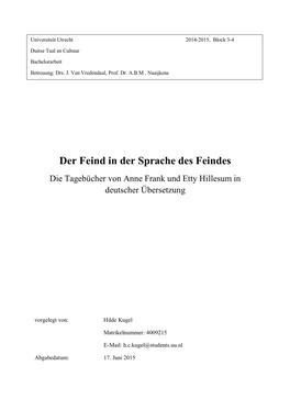 Der Feind in Der Sprache Des Feindes Die Tagebücher Von Anne Frank Und Etty Hillesum in Deutscher Übersetzung