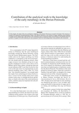 Contribution of the Analytical Work to the Knowledge of the Early Metallurgy in the Iberian Peninsula Di Salvador Rovira *