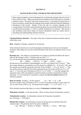 16-1 SECTION 16 RATES of REACTION and REACTION MECHANISM Chemical Kinetics