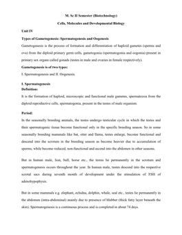 M. Sc II Semester (Biotechnology) Cells, Molecules and Developmental Biology Unit IV Types of Gametogenesis: Spermatogenesis