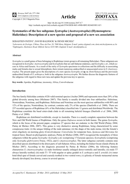 Systematics of the Bee Subgenus Systropha (Austrosystropha) (Hymenoptera: Halictidae): Description of a New Species and Proposal of a New Sex Association