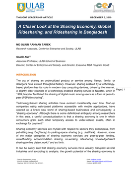 A Closer Look at the Sharing Economy, Global Ridesharing, and Ridesharing in Bangladesh