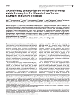 AK2 Deficiency Compromises the Mitochondrial Energy Metabolism Required for Differentiation of Human Neutrophil and Lymphoid Lineages