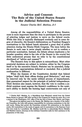 Advice and Consent: the Role of the United States Senate in the Judicial Selection Process Senator Charles Mcc