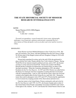 Susan Warren (1919-1989) Papers (K0508); the State Historical Society of Missouri Research Center-Kansas City [After First Mention May Be Abbreviated to SHSMO-KC]