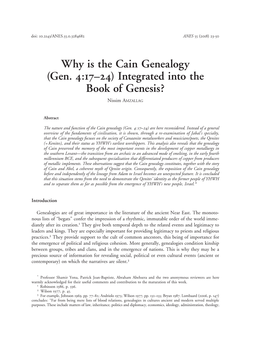 Why Is the Cain Genealogy (Gen. 4:17–24) Integrated Into the Book of Genesis? Nissim Amzallag