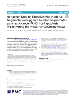 Excessive Mitochondrial Fragmentation Triggered by Erlotinib