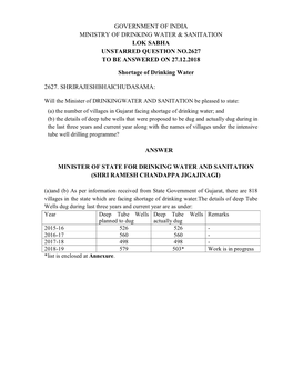 Government of India Ministry of Drinking Water & Sanitation Lok Sabha Unstarred Question No.2627 to Be Answered on 27.12.2018