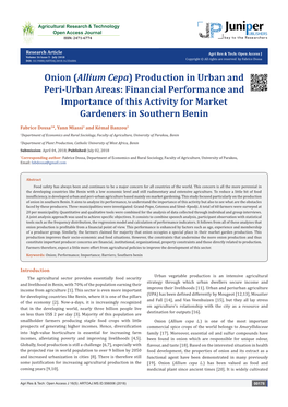 Onion (Allium Cepa) Production in Urban and Peri-Urban Areas: Financial Performance and Importance of This Activity for Market Gardeners in Southern Benin