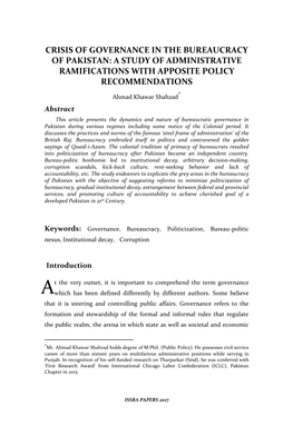 Crisis of Governance in the Bureaucracy of Pakistan: a Study of Administrative Ramifications with Apposite Policy Recommendations