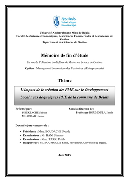 Mémoire De Fin D'étude Thème