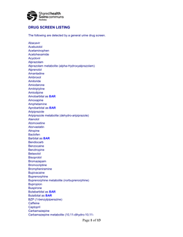 Drug Screen Listing