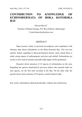 Contribution to Knowledge of Echinodermata of Boka Kotorska Bay