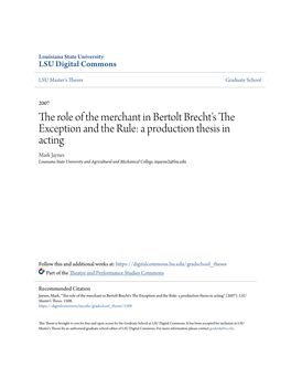 The Role of the Merchant in Bertolt Brecht's the Exception and The