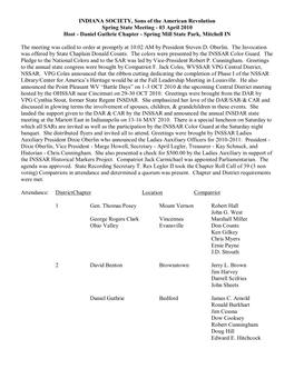 INDIANA SOCIETY, Sons of the American Revolution Spring State Meeting - 03 April 2010 Host - Daniel Guthrie Chapter - Spring Mill State Park, Mitchell IN