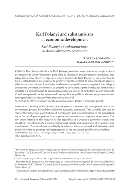 Karl Polanyi and Substantivism in Economic Development Karl Polanyi E O Substantivismo No Desenvolvimento Econômico