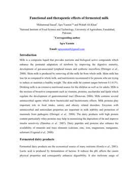 Functional and Therapeutic Effects of Fermented Milk