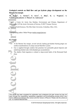 Geological Controls on Fluid Flow and Gas Hydrate Pingo Development on the Barents Sea Margin M