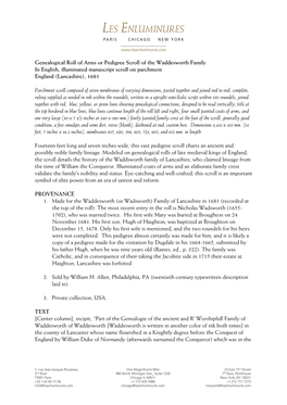 Genealogical Roll of Arms Or Pedigree Scroll of the Waddesworth Family in English, Illuminated Manuscript Scroll on Parchment England (Lancashire), 1681