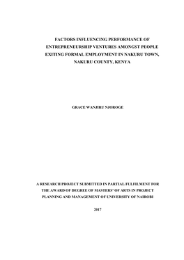 Factors Influencing Performance of Entrepreneurship Ventures Amongst People Exiting Formal Employment in Nakuru Town, Nakuru County, Kenya