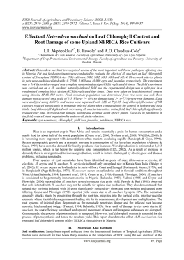 Effects of Heterodera Sacchari on Leaf Chlorophyll Content and Root Damage of Some Upland NERICA Rice Cultivars