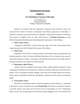 Fundamentals of Genetics Chapter 1 Pre-Mendelian Concepts of Heredity Dr