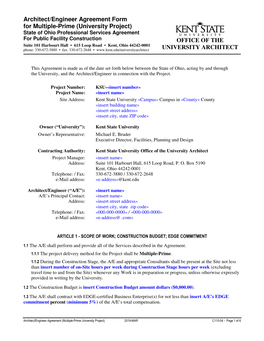 Architect/Engineer Agreement Form for Multiple-Prime (University Project)