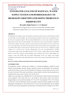 INTEGRATED ANALYSIS of RAINFALL, WATER SUPPLY SYSTEM and HYDROGEOLOGY to HIGHLIGHT GROUNDWATER RISING PROBLEM in JODHPUR CITY Devendra Singh Tanwar1, L