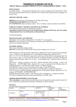 MERRIOTT PARISH COUNCIL DRAFT Minutes of Monthly PARISH COUNCIL Meeting Held DECEMBER 1St 2014