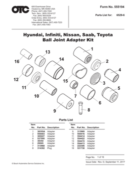 Hyundai, Infiniti, Nissan, Saab, Toyota Ball Joint Adapter Kit 1 13 14 16 2 4