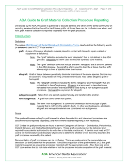 ADA Guide to Graft Material Collection Procedure Reporting – V1 – September 01, 2021 – Page 1 of 6 ©2021 American Dental Association (ADA)