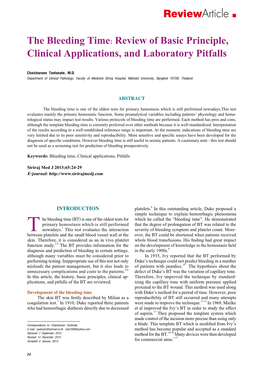 The Bleeding Time: Review of Basic Principle, Clinical Applications, and Laboratory Pitfalls