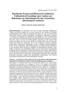 Katalog Der Wespen Und Bienen Des Landkreises Vulkaneifel Als Grundlage Einer Analyse Zur Bedeutung Von Abgrabungen Für Den Artenschutz (Hymenoptera Aculeata)