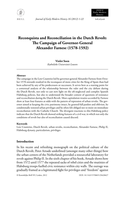 Reconquista and Reconciliation in the Dutch Revolt: the Campaign of Governor-General Alexander Farnese (1578-1592)