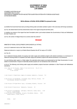 Answered On:27.04.2000 Provision of Drinking Water and Better Sanitation System with Foreign Assistance Shyam Bihari Misra