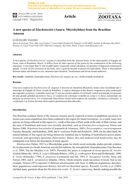 Zootaxa, a New Species of Elachistocleis (Anura; Microhylidae