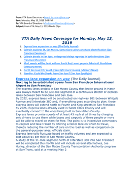 VTA Daily News Coverage for Monday, May 13, 2019 1