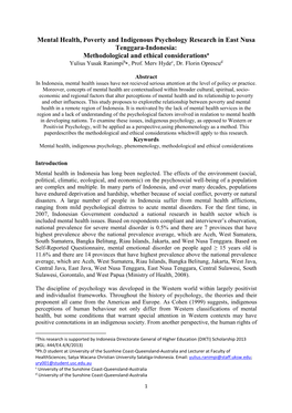 Mental Health, Poverty and Indigenous Psychology Research in East Nusa Tenggara-Indonesia: Methodological and Ethical Considerationsa Yulius Yusak Ranimpib, Prof