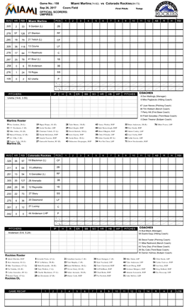 Miami Marlins(74-82) Vs Colorado Rockies(84-73)