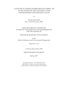 Land Use Planning in British Columbia: an Evaluation of the Lillooet Land and Resource Management Plan