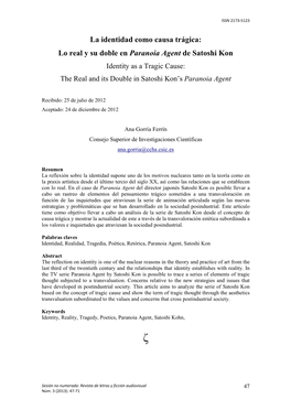 Lo Real Y Su Doble En Paranoia Agent De Satoshi Kon Identity As a Tragic Cause: the Real and Its Double in Satoshi Kon’S Paranoia Agent