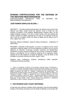 Spanish Fortifications for the Defense of the Western Mediterranean (Fortificaciones Españolas Para La Defensa Del Mediterraneo Occidental)